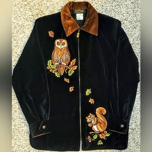 Bob Mackie Velveteen ZIP up Jacket Embroidered Owl, Squirrel & Fall leaves sz Sm